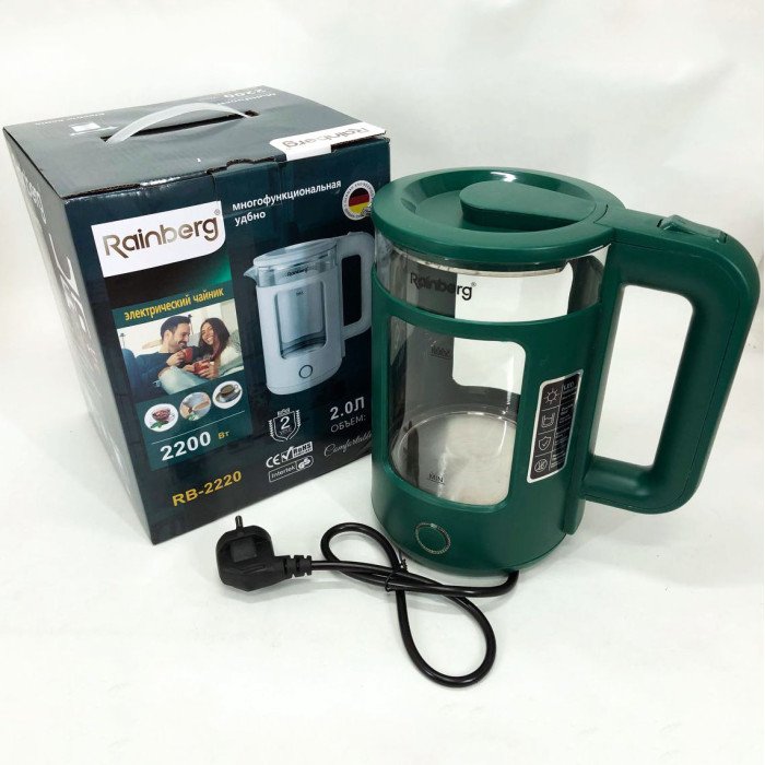 Електрочайник Rainberg RB-2220 скляний дисковий прозорий. Чайник із підсвічуванням 2200W. Колір: зелений