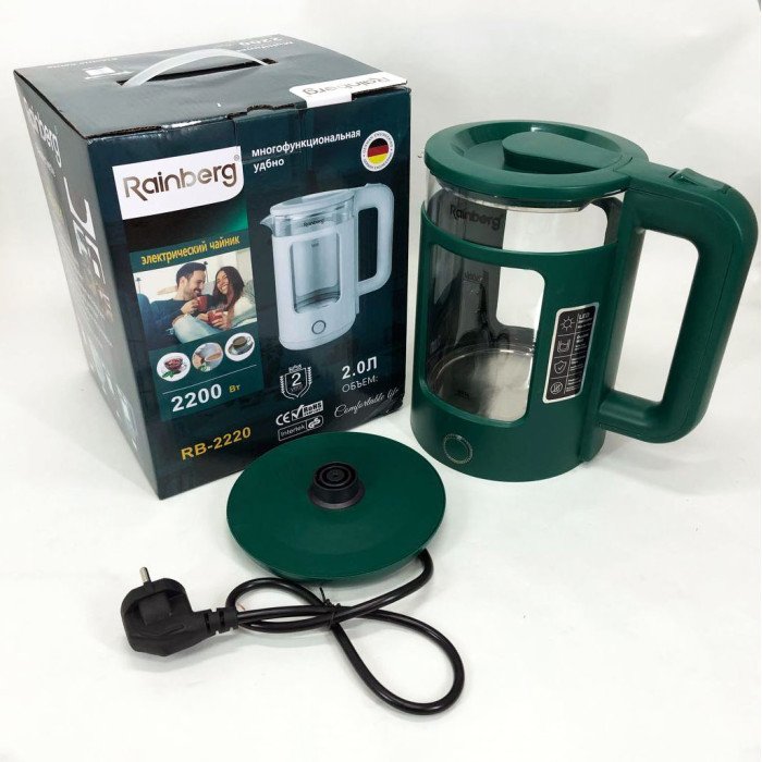 Електрочайник Rainberg RB-2220 скляний дисковий прозорий. Чайник із підсвічуванням 2200W. Колір: зелений