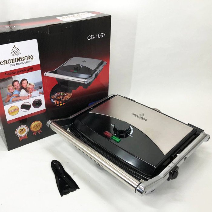 Гриль притискний Crownberg CB-1067, Електричний контактний гриль для дому з терморегулятором 2000Вт