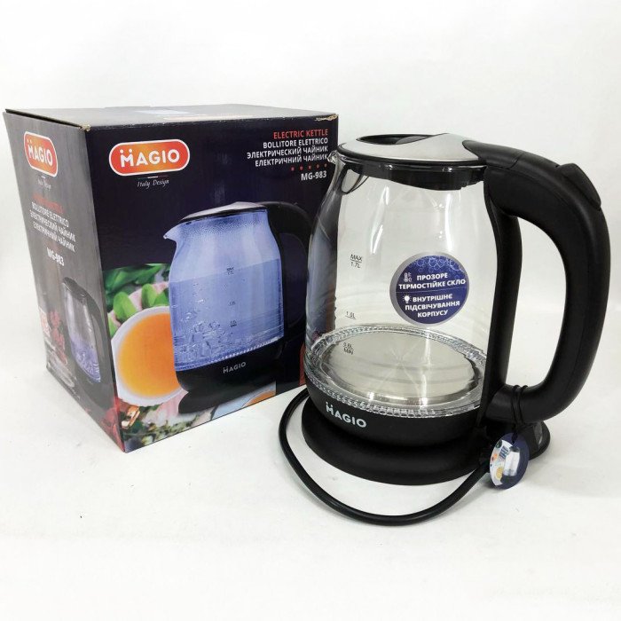 Електрочайник Magio MG-983 з підсвічуванням, 1.7Л, Стильний електричний чайник, прозорий з підсвічуванням