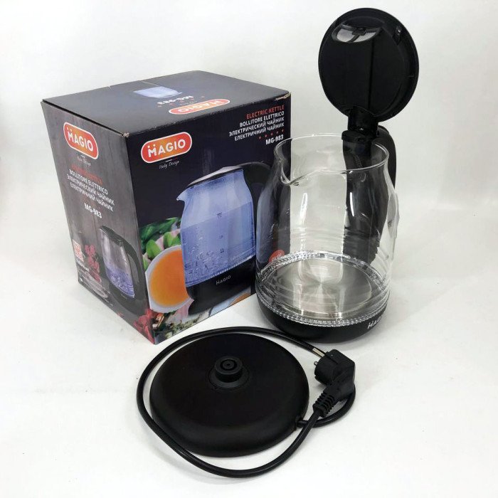 Електрочайник Magio MG-983 з підсвічуванням, 1.7Л, Стильний електричний чайник, прозорий з підсвічуванням