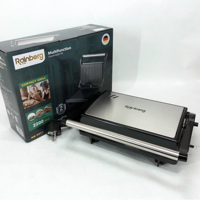 Електрогриль притискний Rainberg RB-5411 з антипригарним покриттям 2200 Вт, нержавіюча сталь