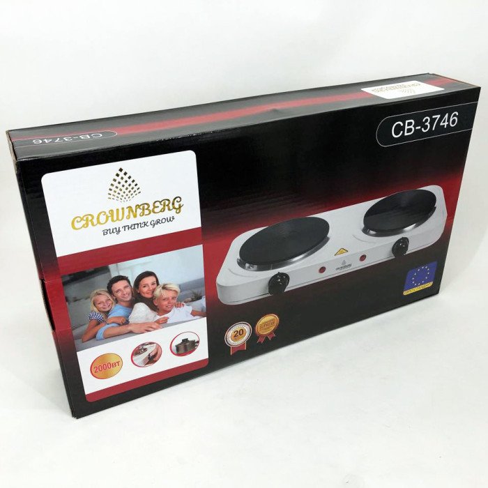 Плита електрична настільна побутова Crownberg CB-3746 двоконфоркова дискова кухонна плита 2000 Вт