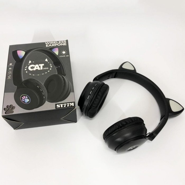 Бездротові навушники ST77 LED з котячими вушками, що світяться. Колір: чорний