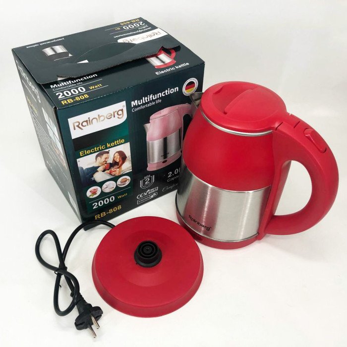 Електрочайник Rainberg RB-808 2 л нержавіюча сталь, стильний електричний чайник. Колір: червоний