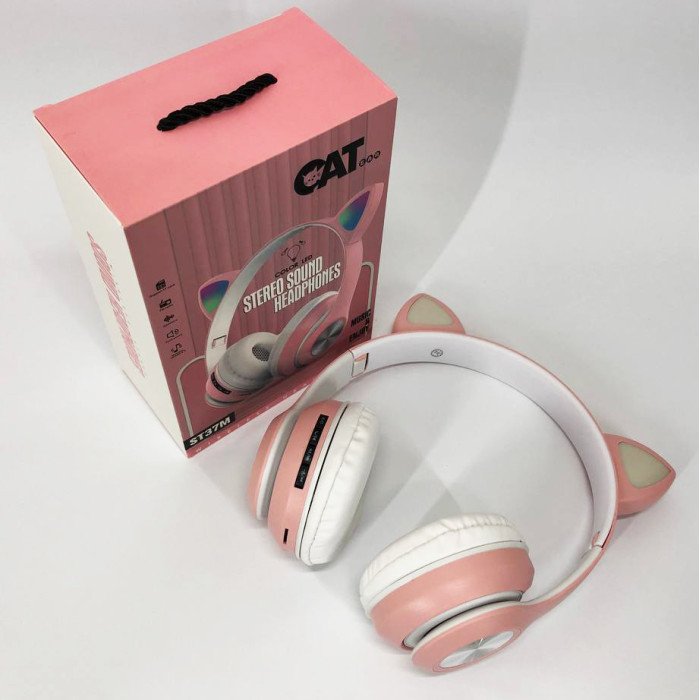 Навушники накладні бездротові ST37M зі котячими вушками, що світяться. Колір: рожевий