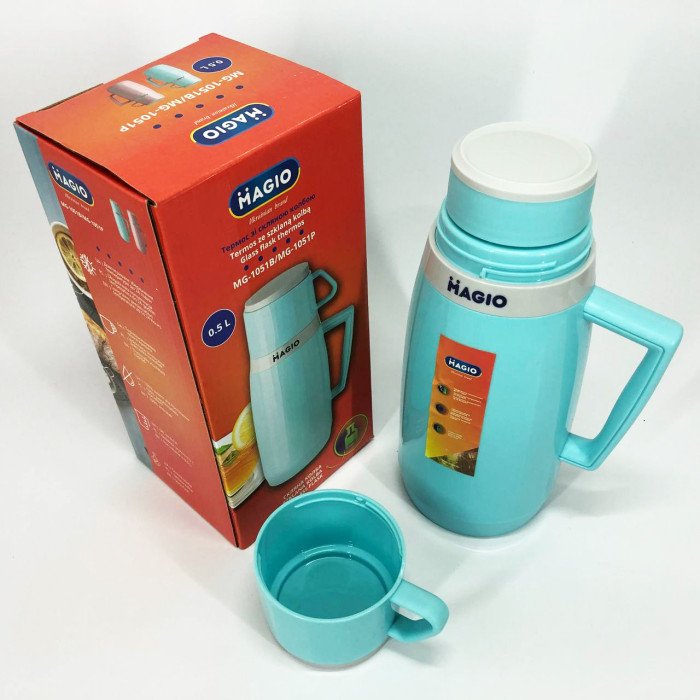 Термос Magio MG-1051B зі скляною колбою, Хороший термос, Термос для води. Колір: блакитний