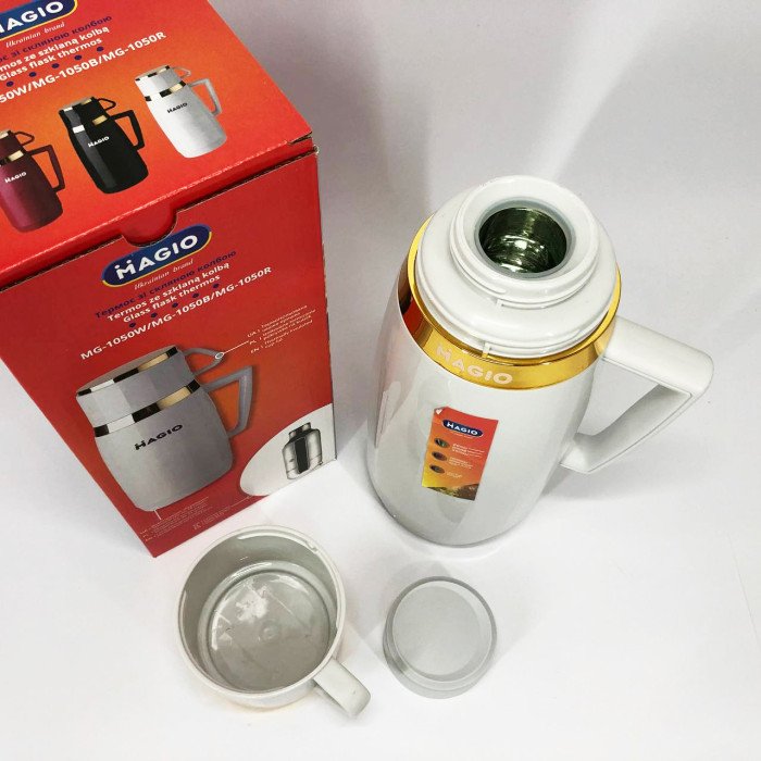 Термос Magio MG-1050W зі скляною колбою, Хороший невеликий термос для питної води. Колір: білий