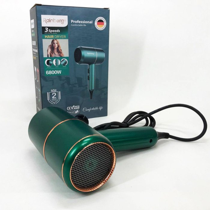 Фен для укладання та сушіння волосся Rainberg RB-2211 + насадка-концентратор, гарний потужний фен. Колір: зелений