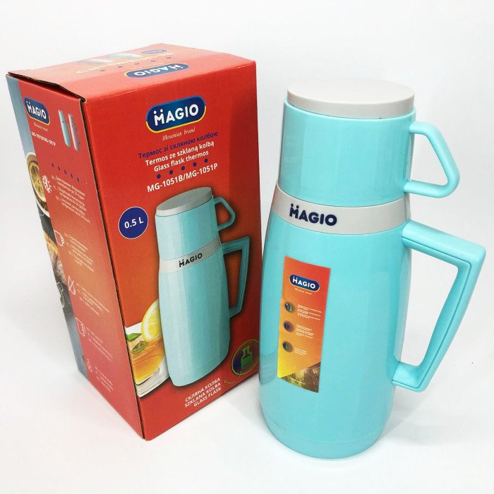 Термос Magio MG-1051B зі скляною колбою, Хороший термос, Термос для води. Колір: блакитний