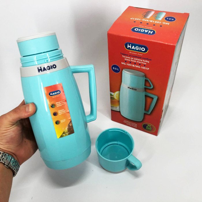 Термос Magio MG-1051B зі скляною колбою, Хороший термос, Термос для води. Колір: блакитний