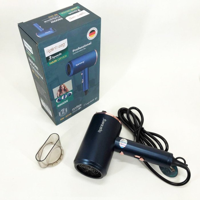Фен Rainberg RB-2212 8800 W з регуляцією температури та швидкості для сушіння та укладання волосся. Колір: синій