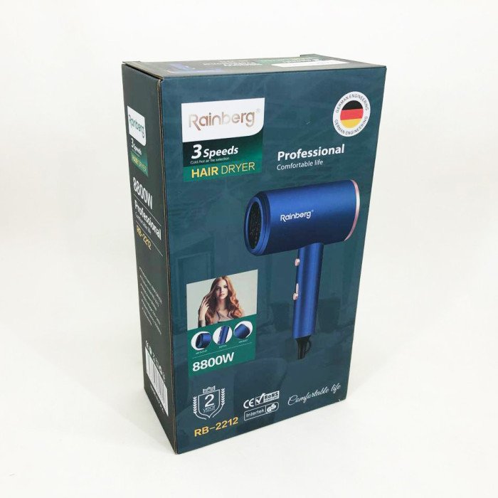 Фен Rainberg RB-2212 8800 W з регуляцією температури та швидкості для сушіння та укладання волосся. Колір: синій