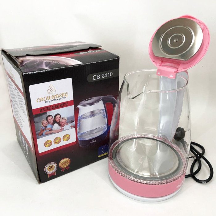 Електричний скляний чайник Crownberg CB-9410. Колір: рожевий