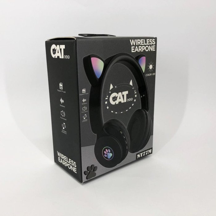 Бездротові навушники ST77 LED з котячими вушками, що світяться. Колір: чорний