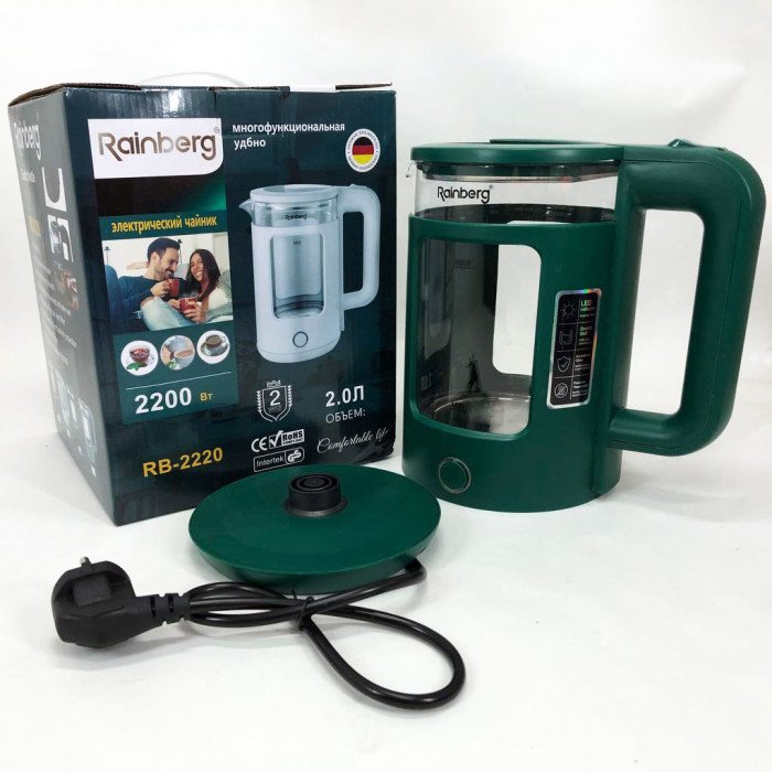 Електрочайник Rainberg RB-2220 скляний дисковий прозорий. Чайник із підсвічуванням 2200W. Колір: зелений