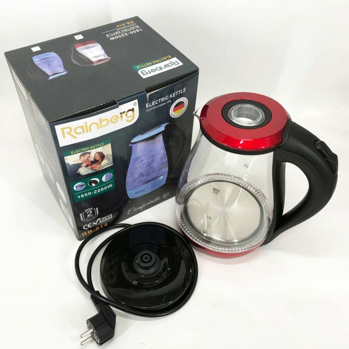 Чайник скляний електричний Rainberg RB-914, стильний електричний чайник. Колір: червоний