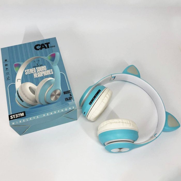 Навушники накладні бездротові ST37M зі котячими вушками, що світяться. Колір: синій