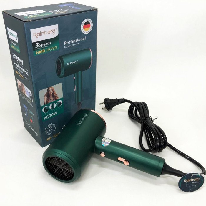 Фен Rainberg RB-2212 8800 W з регуляцією температури та швидкості для сушіння та укладання волосся. Колір: зелений