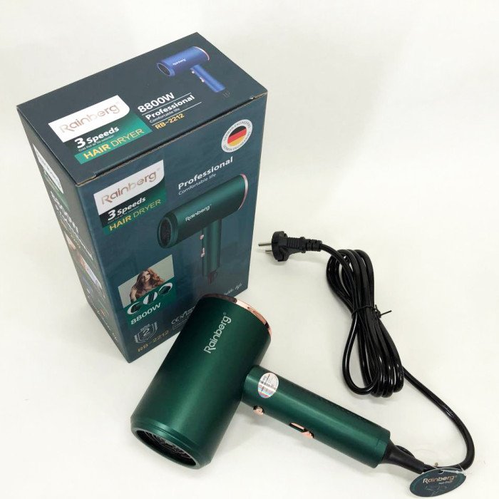 Фен Rainberg RB-2212 8800 W з регуляцією температури та швидкості для сушіння та укладання волосся. Колір: зелений