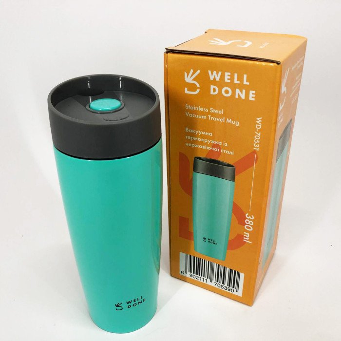 Термокухоль Well Done WD-7053T вакуумний 380 мл, Термос для дитини до школи. Колір: блакитний