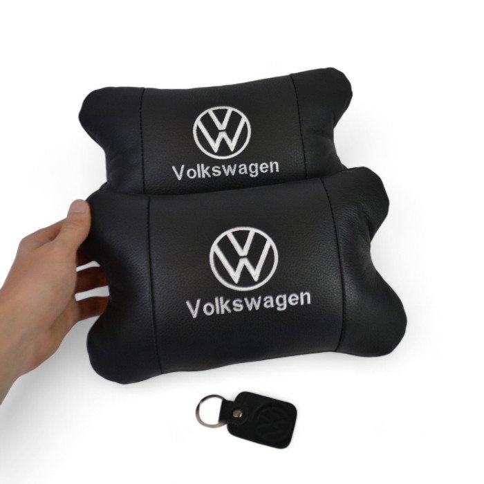 Набір подушок 2шт в авто Volkswagen з натуральної шкіри, на підголовник у машину, Автомобільна  подушка