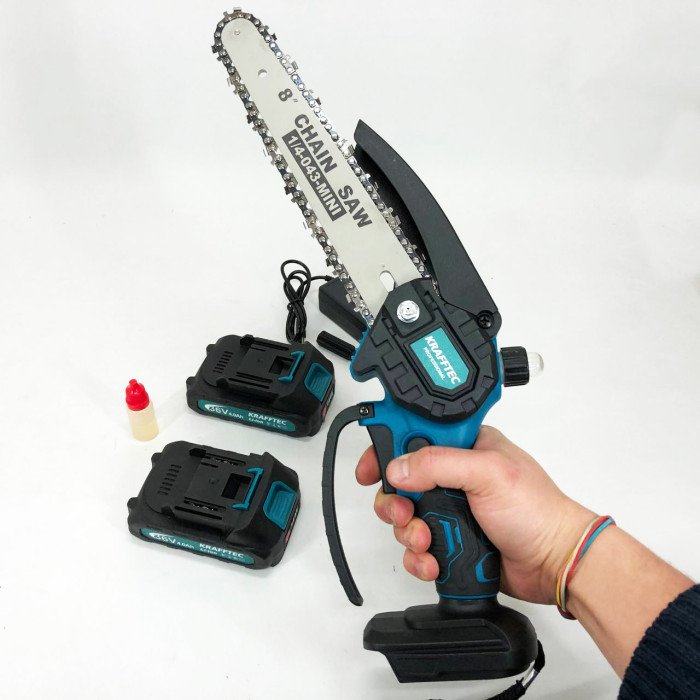Акумуляторна ланцюгова міні пила 20 см у кейсі Krafftec (36V 4 Ач) + 2 акумулятори та індикатором заряду