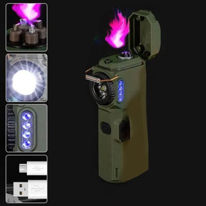 Ліхтарик-запальничка армійська MULTIFUNCTIONAL D51-COB, Запальничка на подарунок в упаковці. Колір: зелений